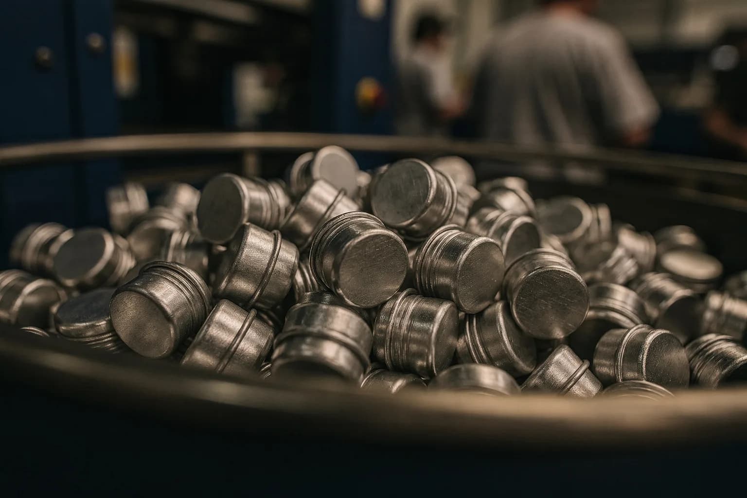 Sehr nahe Aufnahme blanker Aluminium-Schraubverschlüsse in einem Rüttelförderer, ohne Bedruckung