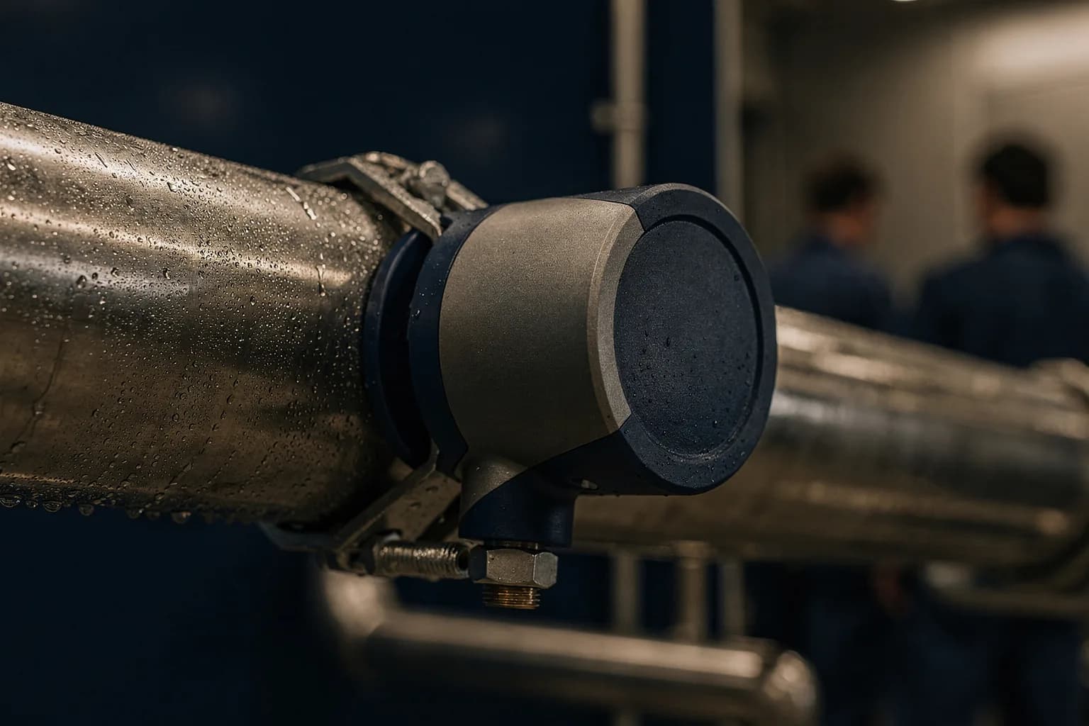 Nahaufnahme eines Durchflussmessgeräts an einem Rohr mit Kondenswasser auf dem Metall, geringe Schärfentiefe