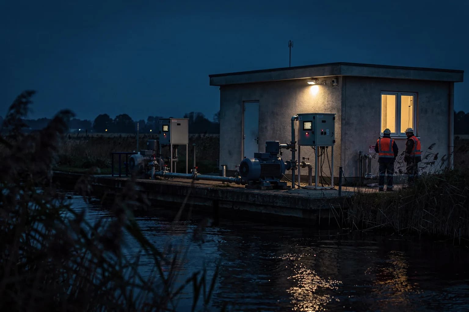 Kleines Pumpwerksgebäude an einem Kanal in der Dämmerung, ein Fenster beleuchtet, Schilf am Ufer
