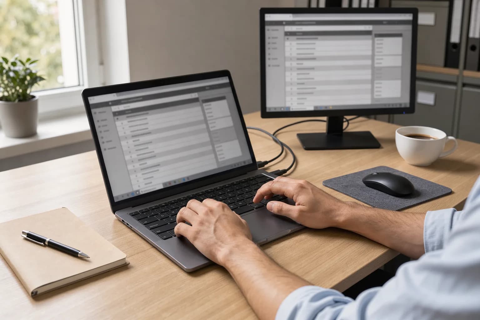 Büroarbeitsplatz mit Notebook und externem Monitor, auf dem eine Liste installierter Browser-Erweiterungen durchgesehen wird