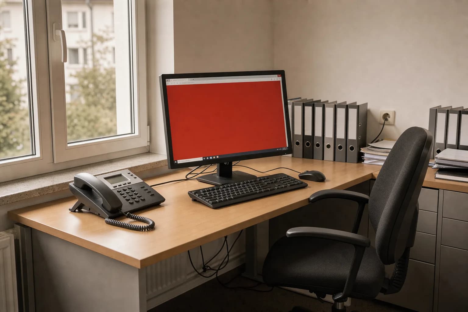 Monitor auf einem Büroschreibtisch zeigt eine rote Browser-Warnseite statt der Firmenwebsite, daneben ein Telefonhörer