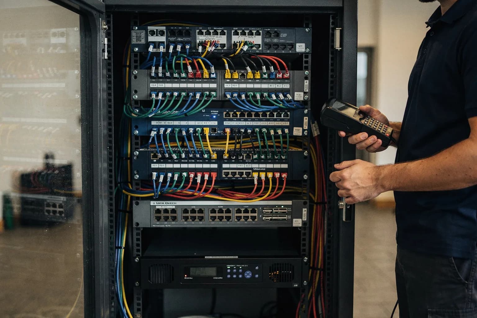 Neu verkabelter Netzwerkschrank in einem Bürogebäude mit beschrifteten Kabeln und geordneten Kabelführungen