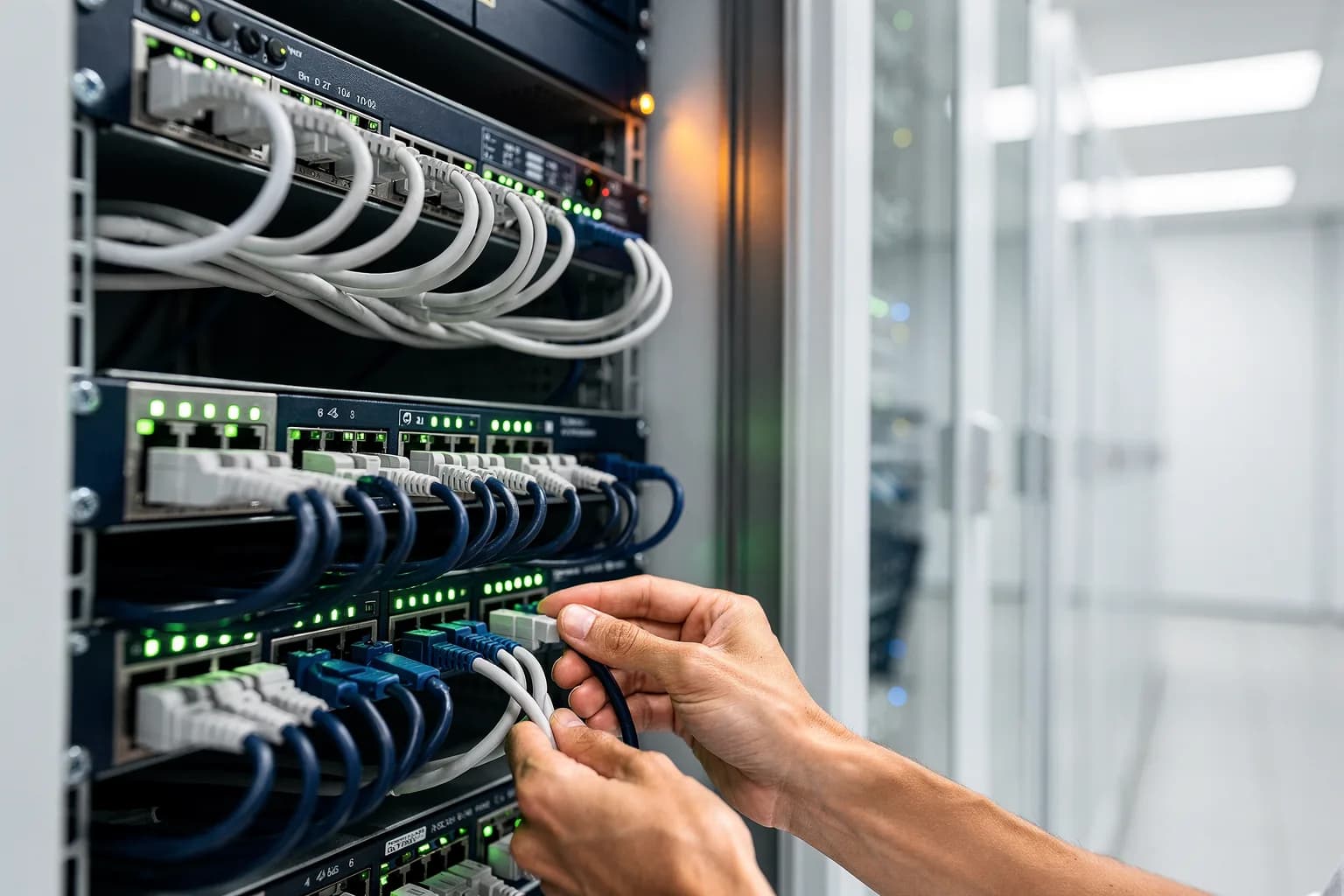 Moderne Cloud-Infrastruktur: aufgeräumte Patch-Verkabelung mit Status-LEDs