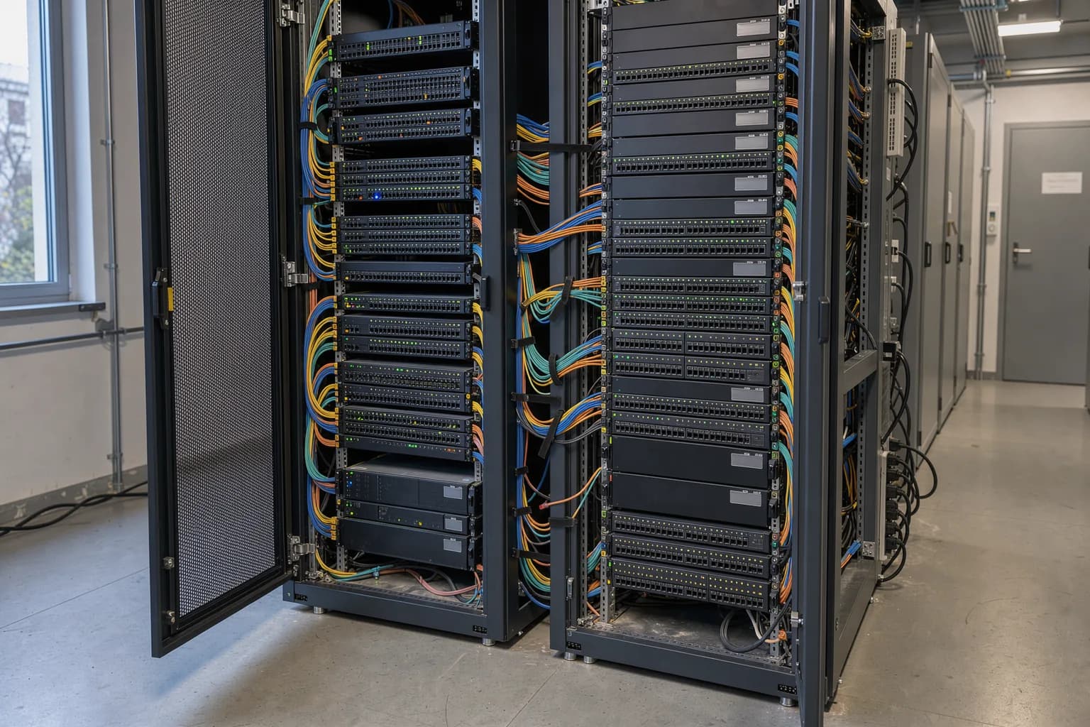 Zwei Serverschränke nebeneinander im Rechenzentrum, dazwischen gebündelte Glasfaserleitungen
