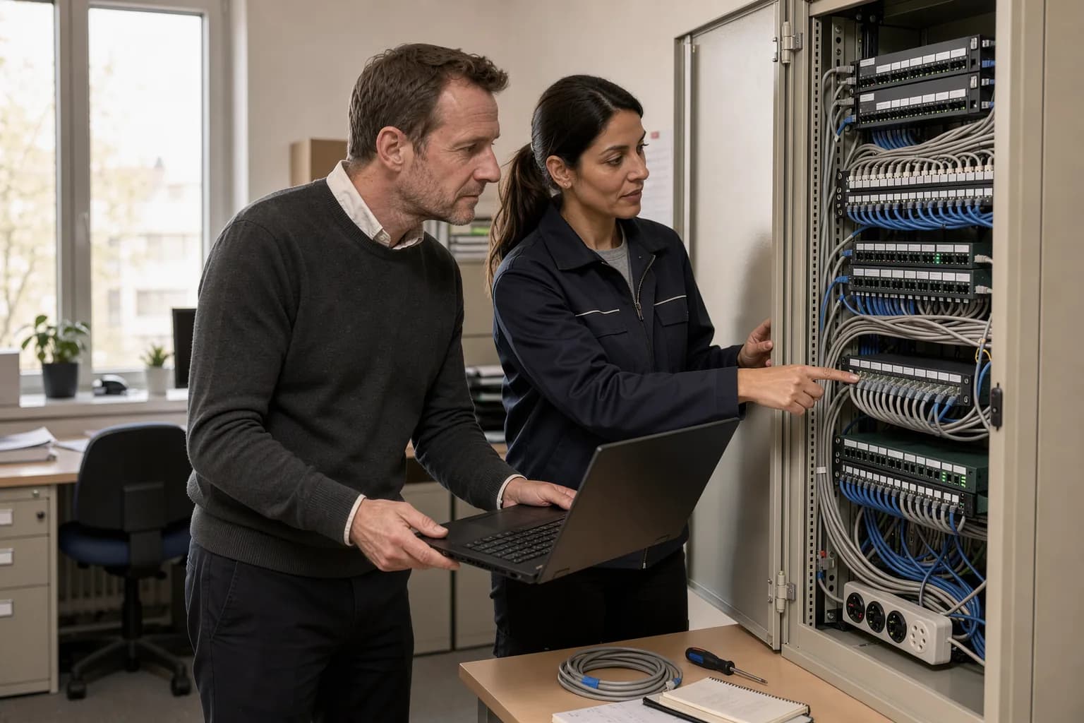 Interner IT-Administrator mit Notebook und externe Technikerin arbeiten gemeinsam an einem offenen Netzwerkschrank