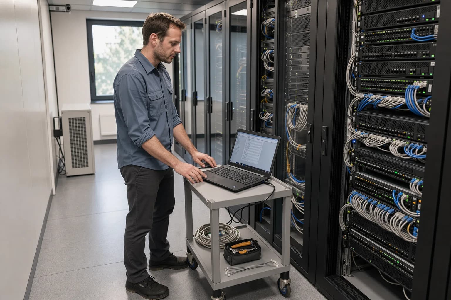 Technikerin prüft an einem Rollwagen mit Notebook die Dienste auf einem Rackserver im Serverraum