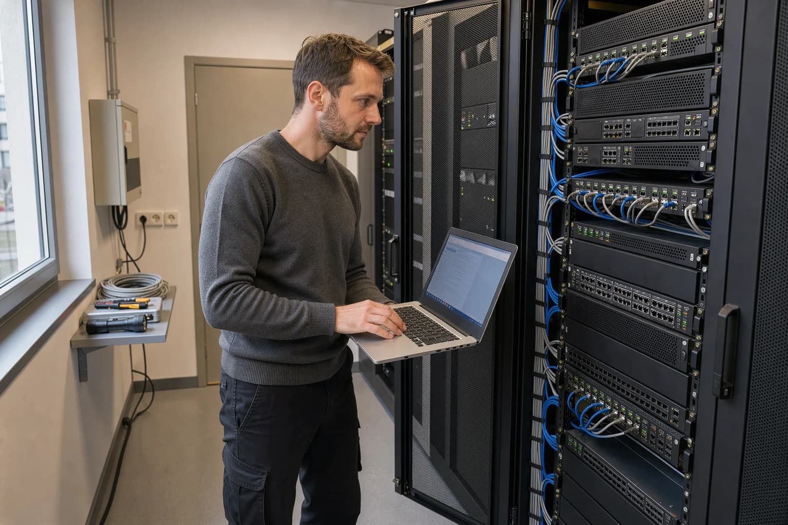 Administrator steht mit einem Notebook vor einem offenen Serverschrank und prüft die Konfiguration eines Domänencontrollers