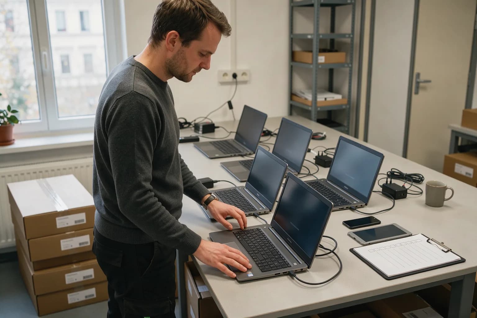 Techniker richtet an einem langen Tisch eine Reihe neuer Notebooks für den Rollout ein, daneben Kartons, Tablet, Smartphone und Checkliste