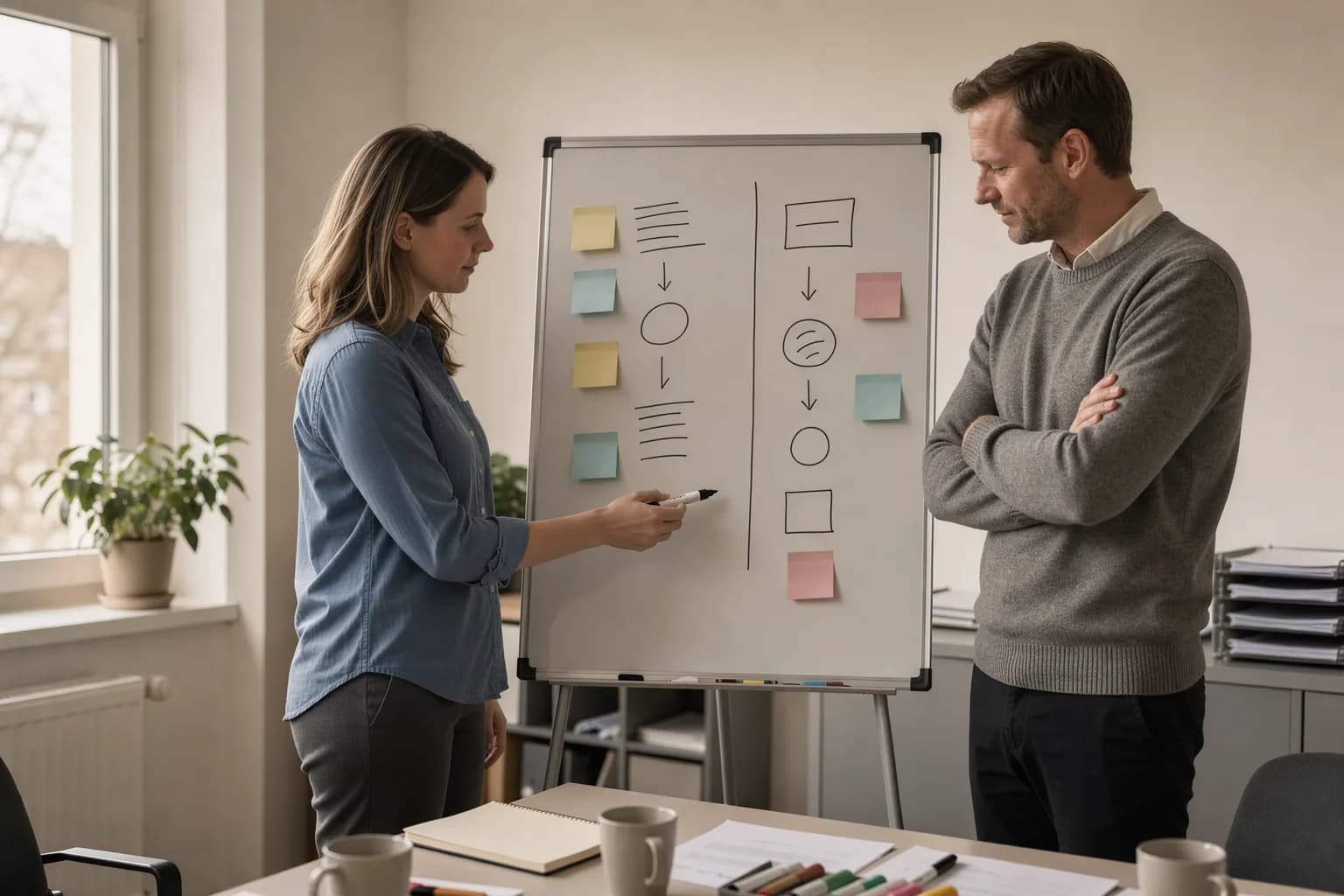 Zwei Personen stehen vor einem Whiteboard mit einer handgezeichneten Gegenüberstellung zweier Wege für die Firmenwebsite