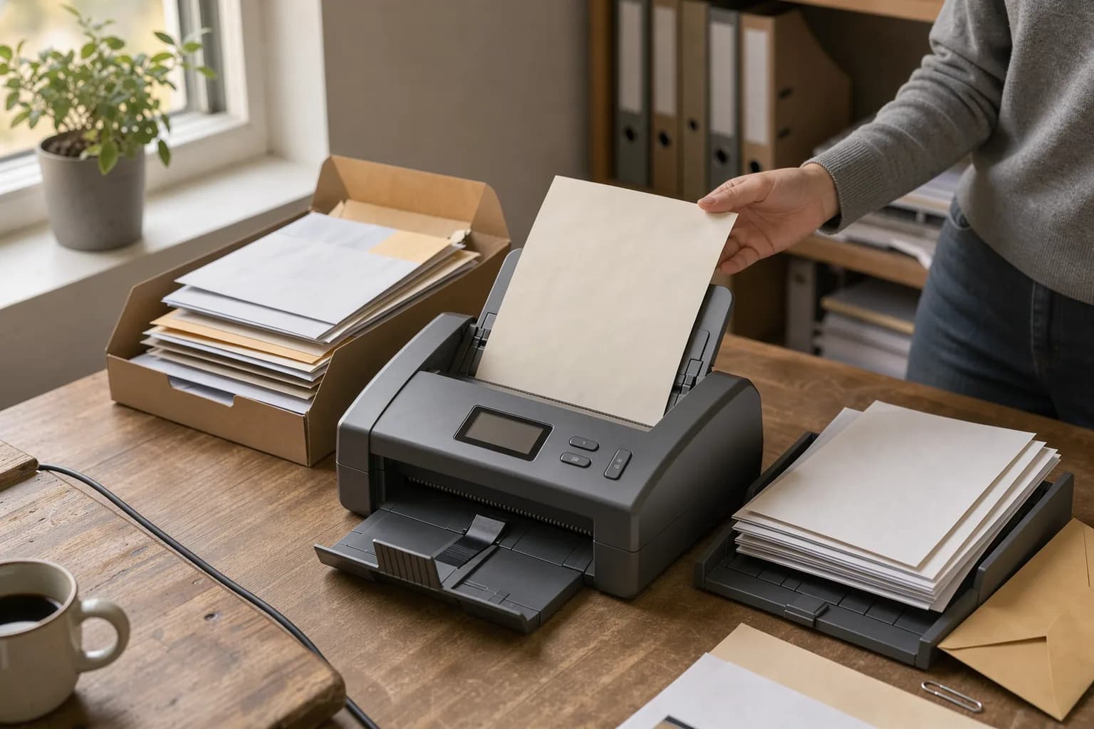 Dokumentenscanner im Büro zieht ein Blatt aus einem Stapel Eingangspost ein, daneben die bereits erfassten Belege