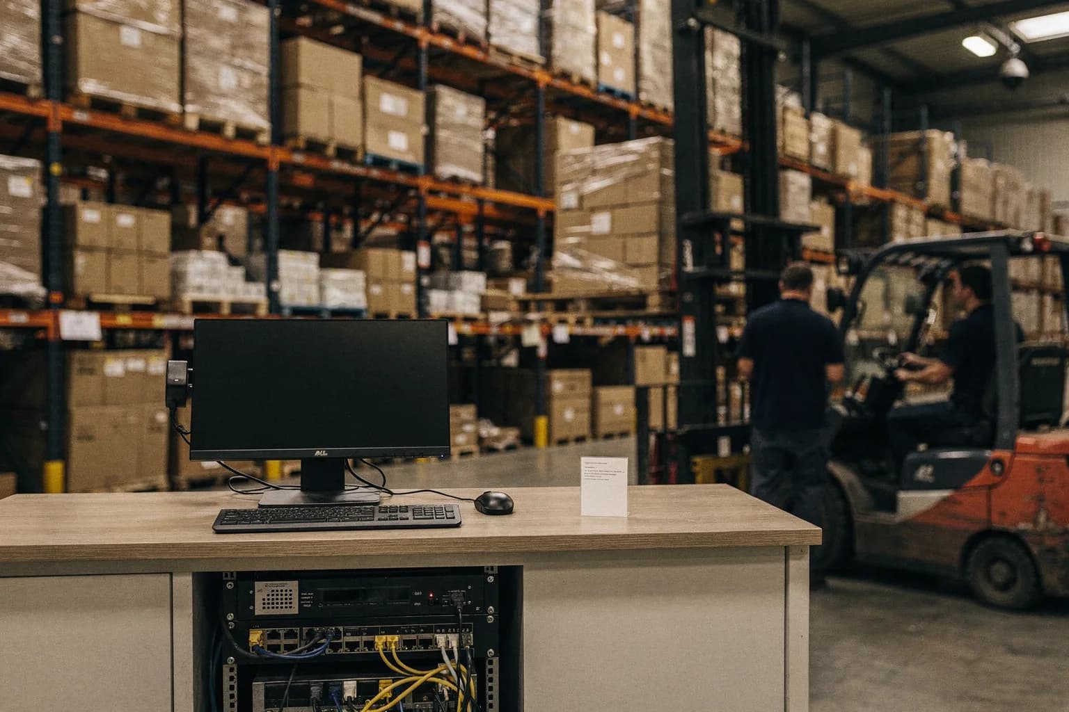 Lagerhalle eines Handelsunternehmens mit Verkaufstresen im Vordergrund, dahinter Regale und ein Gabelstapler
