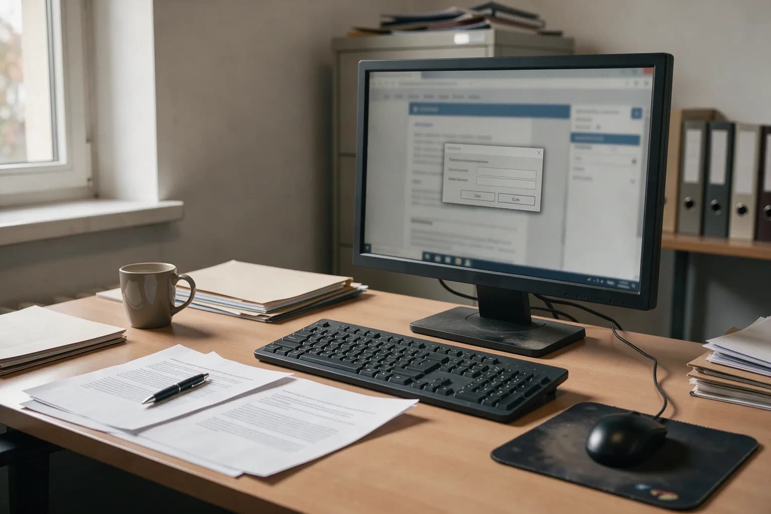 Arbeitsplatz mit Monitor, auf dem eine Firmenwebsite mit Einwilligungsdialog geprüft wird, daneben ausgedruckte Unterlagen