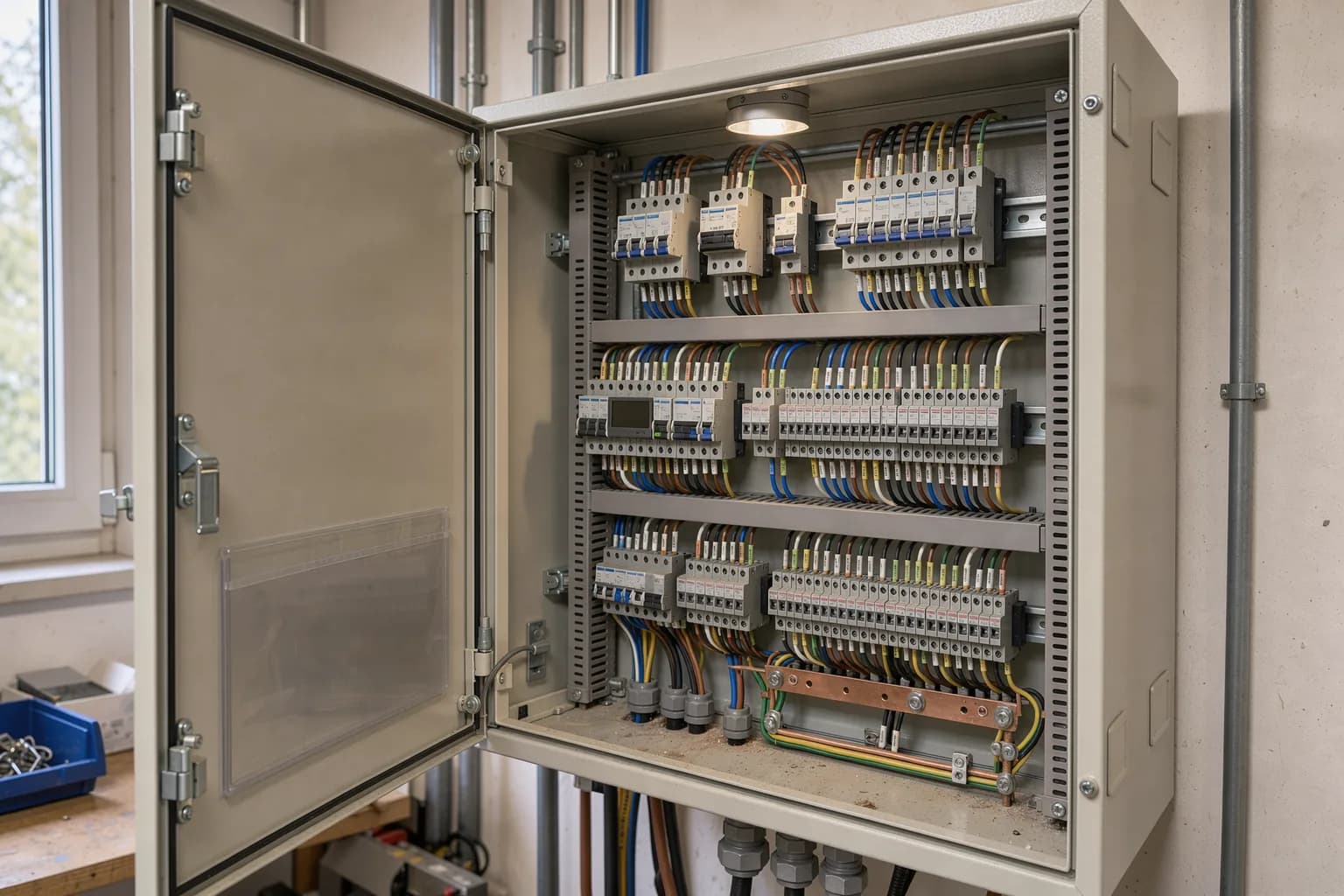 Geöffneter Schaltschrank der Gebäudeautomation mit Hutschienenmodulen, Reihenklemmen und beschrifteten Leitungen