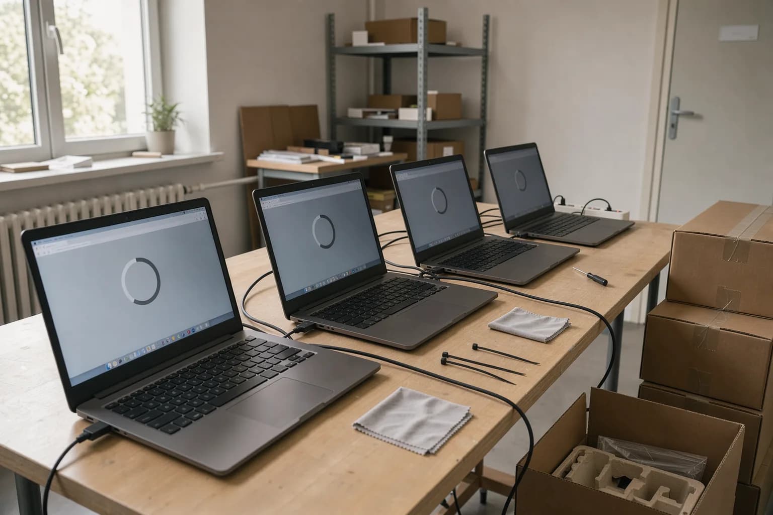 Mehrere neue Notebooks stehen aufgeklappt nebeneinander auf einem Tisch und richten sich selbst ein