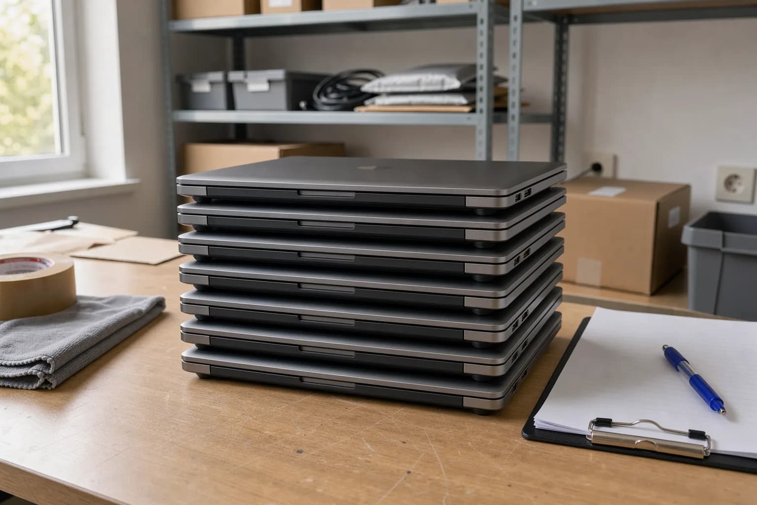 Mehrere gleiche Notebooks liegen vorbereitet gestapelt auf einem Tisch im Lagerraum, daneben Lieferunterlagen