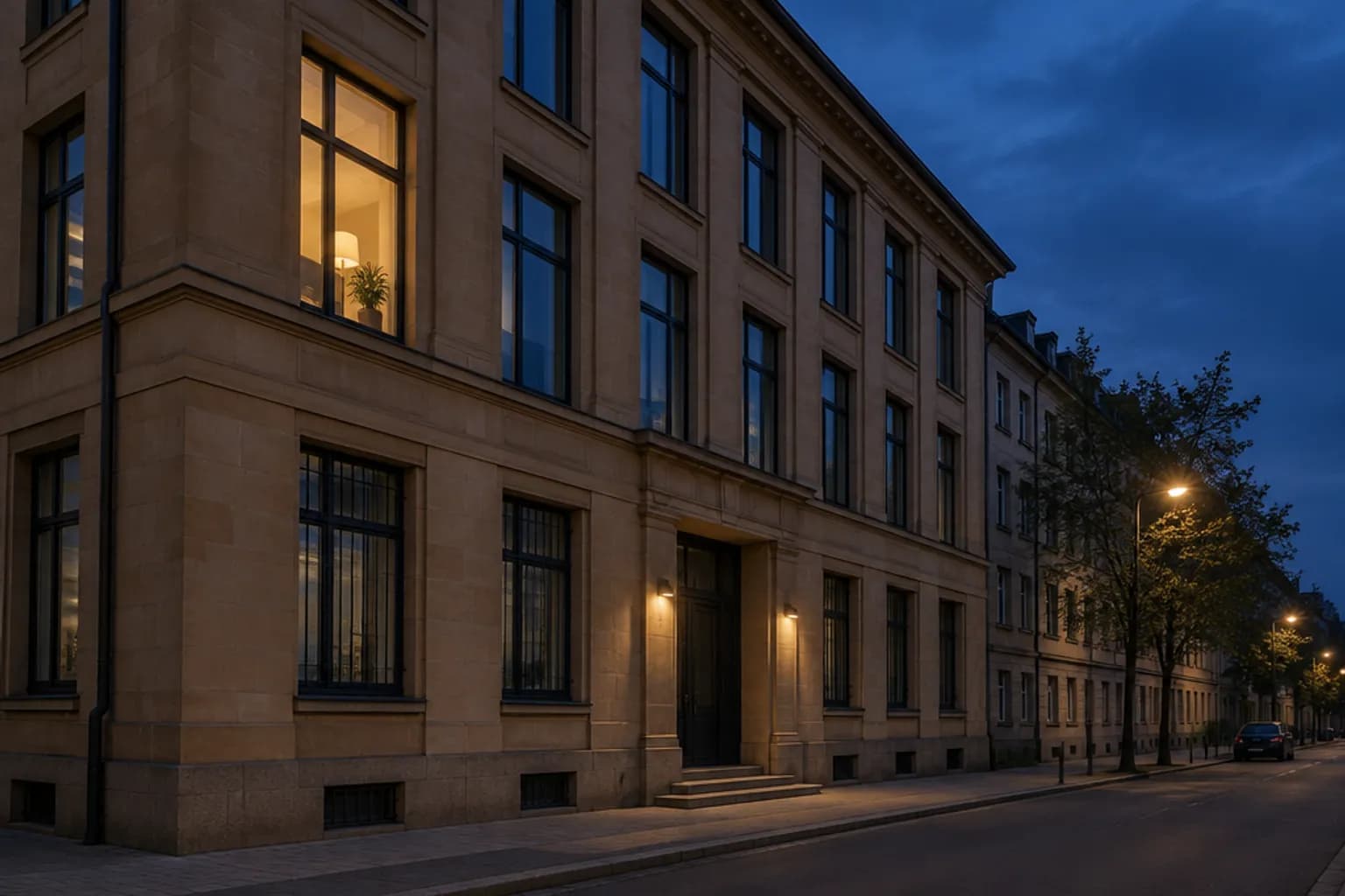 Fassade eines Geschäftshauses aus Sandstein bei Abenddämmerung, ein Fenster warm erleuchtet
