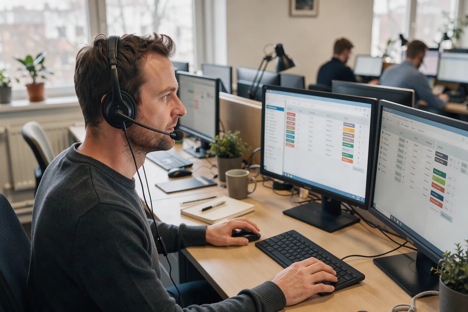 Helpdesk-Arbeitsplatz mit Headset, zwei Monitoren und einem Ticketsystem, Mitarbeiter nimmt einen Anruf entgegen