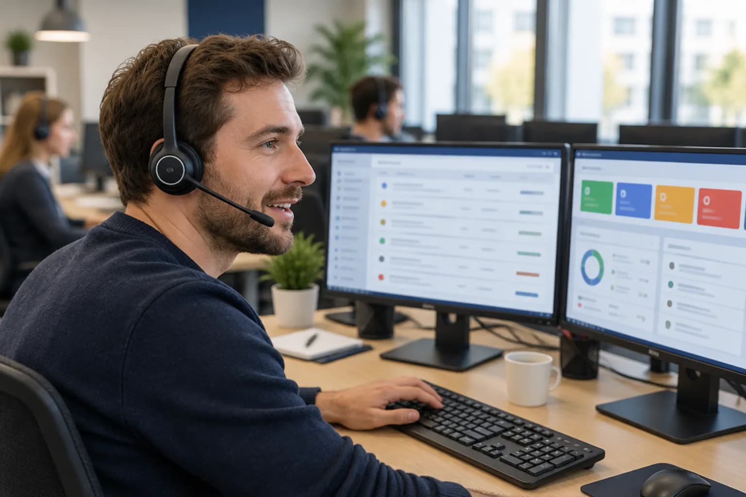 Mitarbeiter mit Headset am Helpdesk-Arbeitsplatz vor zwei Monitoren mit Vorgangsübersicht