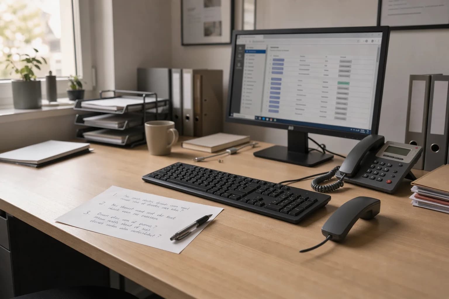 Arbeitsplatz mit Monitor, auf dem ein Hosting-Kundenbereich geöffnet ist, daneben ein Telefonhörer und eine handschriftliche Frageliste