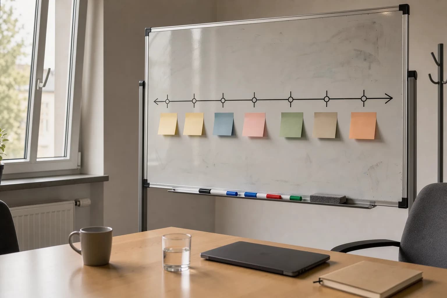 Whiteboard im Besprechungsraum mit einem skizzierten Zeitstrahl und Haftnotizen für die IT-Planung