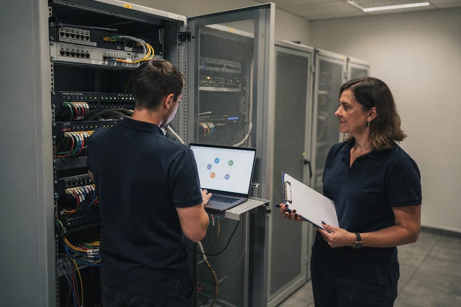 IT-Techniker erfasst am geöffneten Serverschrank mit einem Notebook die Umgebung, eine Kollegin hält die Checkliste