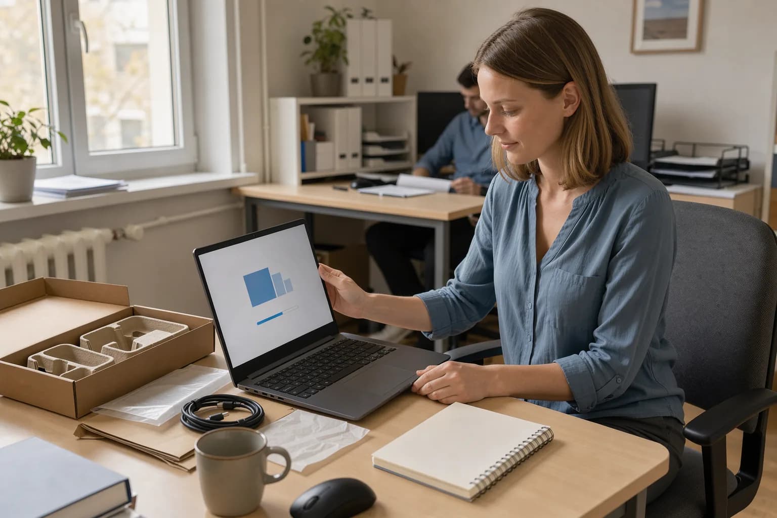 Mitarbeiterin klappt am Schreibtisch ein neues Notebook auf, das sich mit Fortschrittsbalken einrichtet; daneben der geöffnete Karton