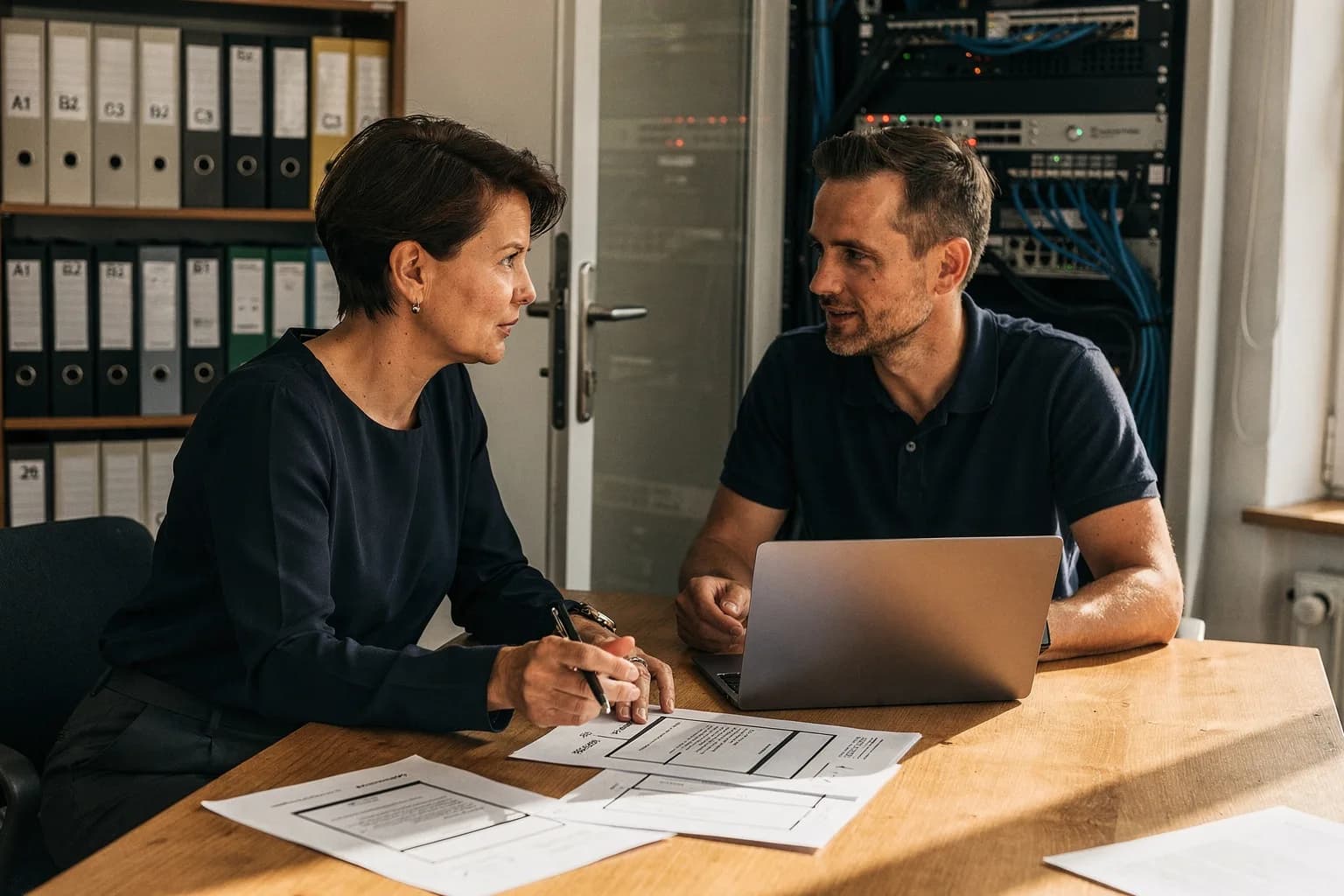 Steuerberaterin und IT-Berater besprechen in einem Kanzleibesprechungsraum die Planung eines neuen Servers anhand von Unterlagen