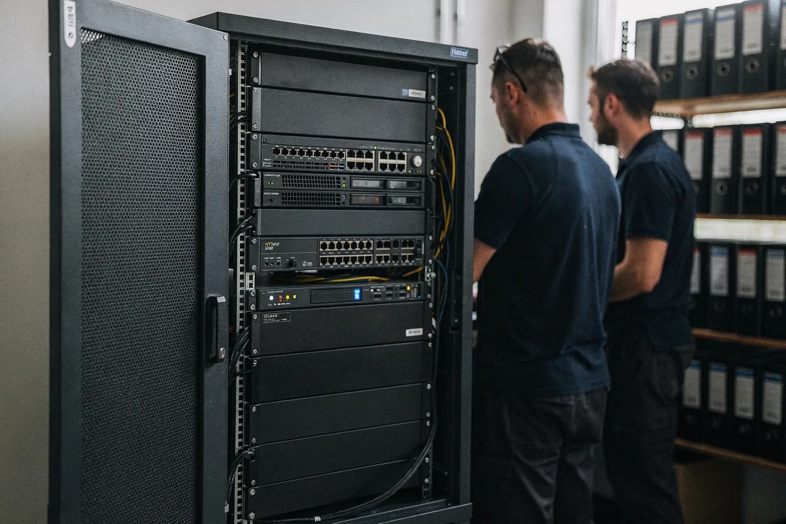 Neu aufgebauter Serverschrank mit perforierter Tür in einem Nebenraum einer Steuerkanzlei