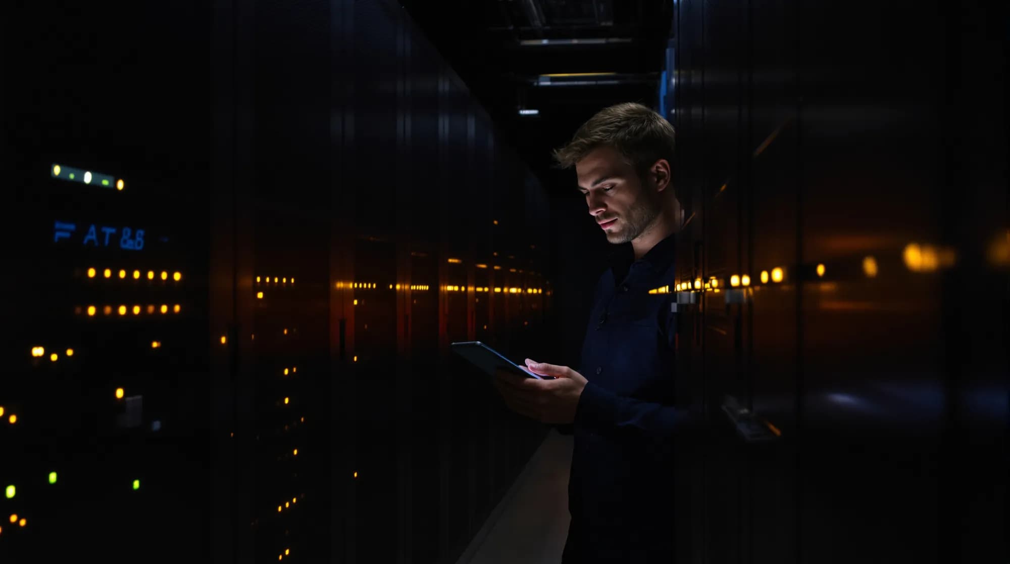 IT-Ingenieur mit Tablet in einem Rechenzentrumsgang