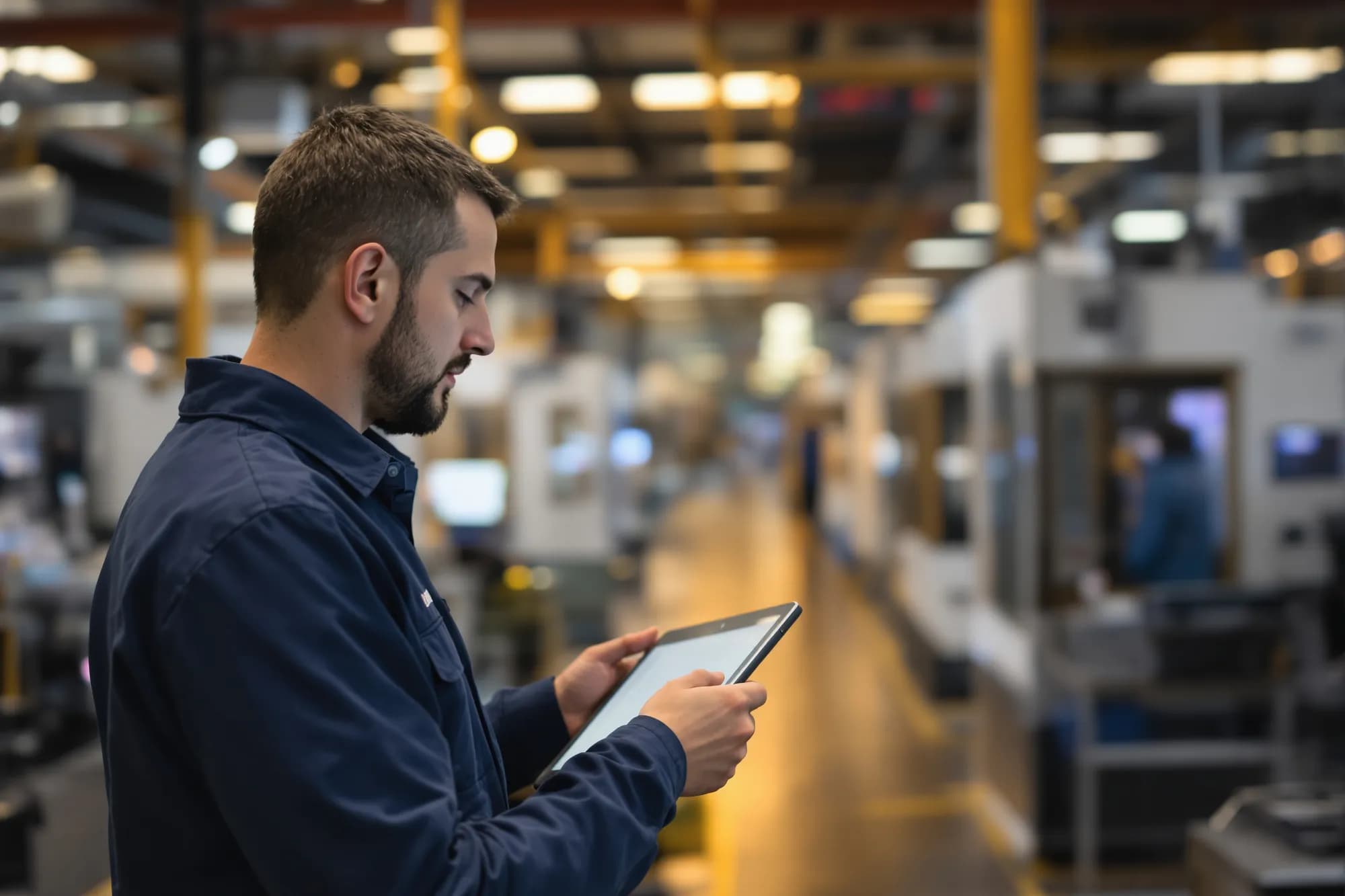 Produktionsplaner mit Tablet in der Fertigungshalle