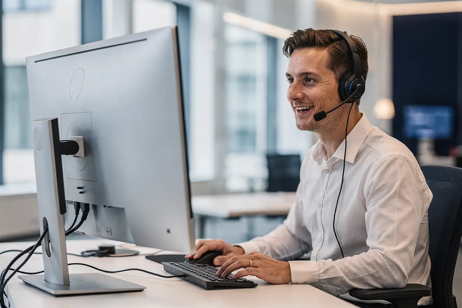 Support-Mitarbeiter mit Headset am Arbeitsplatz