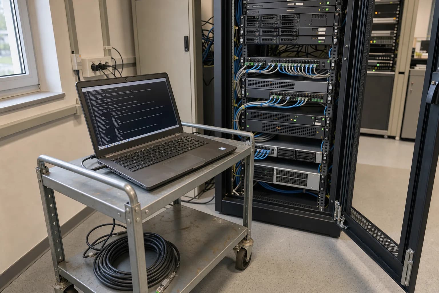Notebook mit geöffnetem Terminalfenster steht vor einem Serverschrank, im Hintergrund laufende Rackserver