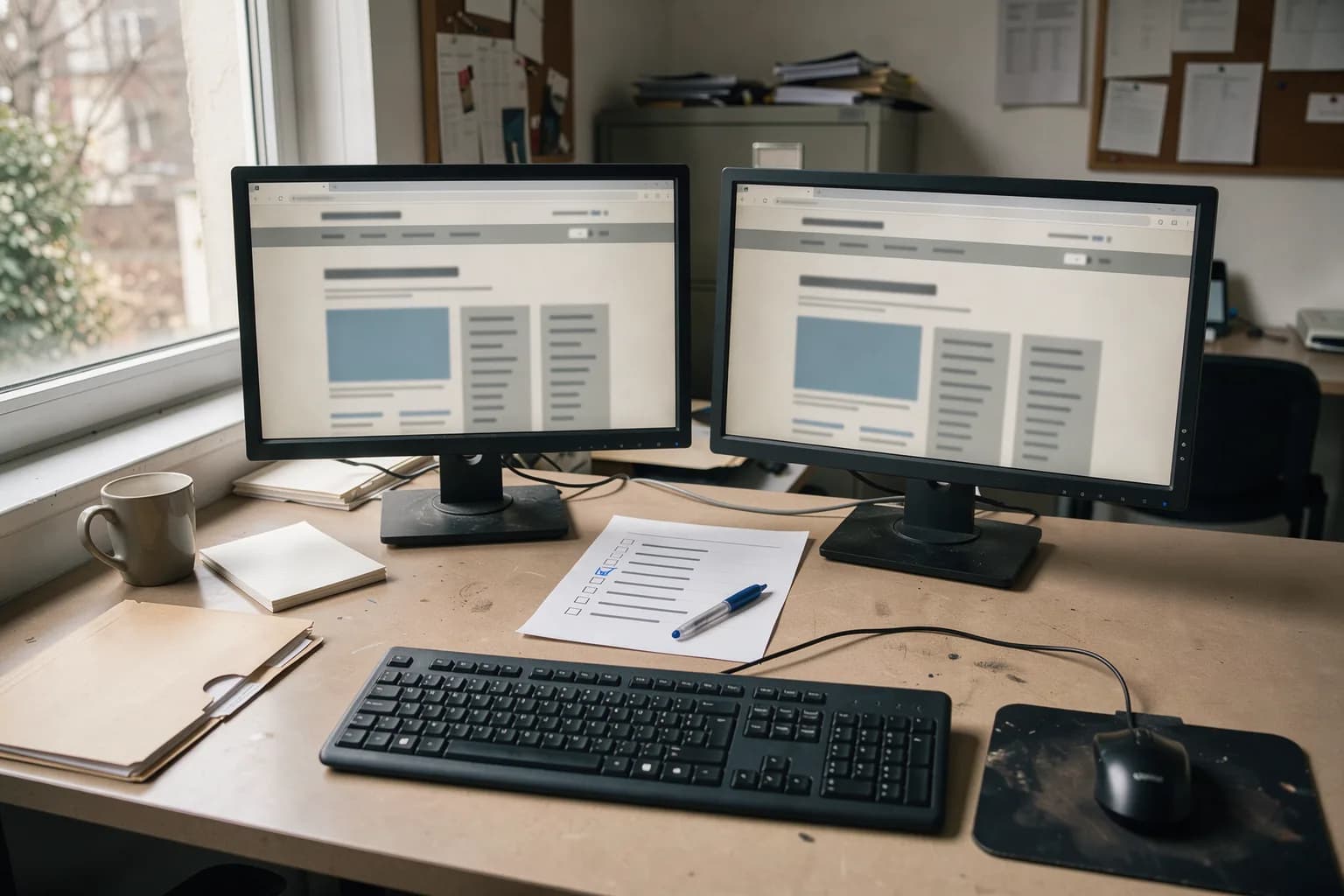 Arbeitsplatz mit zwei Monitoren, auf denen dieselbe Website in alter und neuer Fassung nebeneinander geprüft wird, daneben eine abgehakte Liste