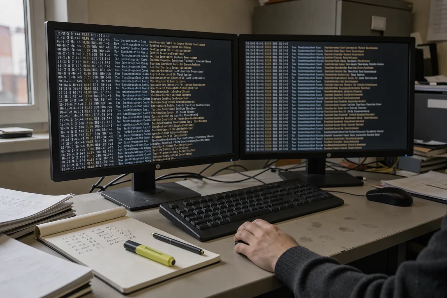 Zwei Monitore mit langen Protokollzeilen, davor eine Hand an der Maus und ein Notizblock mit markierten Zeitstempeln