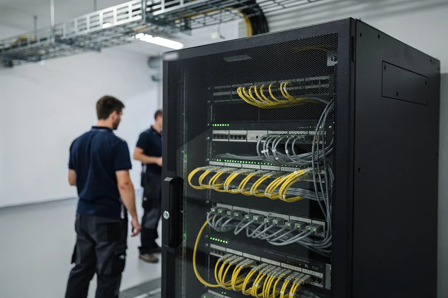 Neu aufgebauter Serverraum mit geschlossenem Serverschrank, sauber geführten Glasfaser- und Kupferkabeln und Kabeltrasse an der Decke