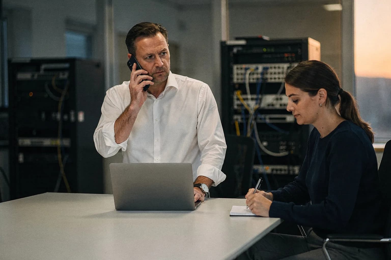 Ein Geschäftsführer telefoniert konzentriert an einem Besprechungstisch, vor ihm ein Notebook, daneben eine Kollegin, die in ein Notizbuch schreibt, im Hintergrund Netzwerkschränke
