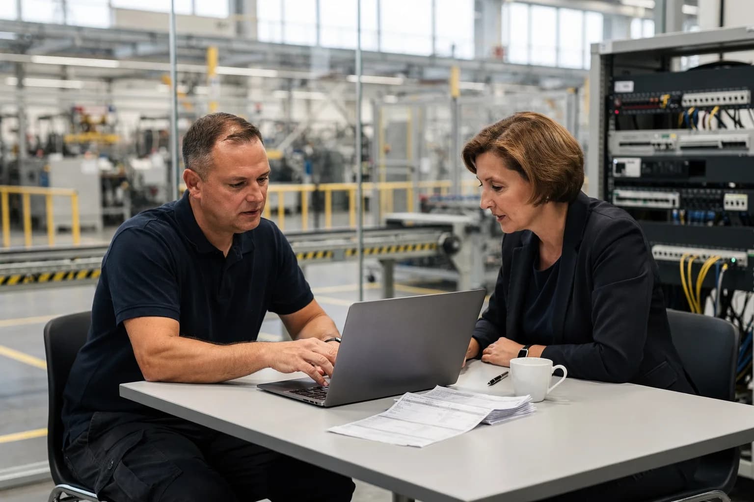 Zwei Personen am Besprechungstisch eines Industrieunternehmens, auf dem Tisch ein aufgeklapptes Notebook und ausgedruckte Rechnungen, daneben ein Netzwerkschrank, im Hintergrund durch eine Glaswand eine Fertigungshalle