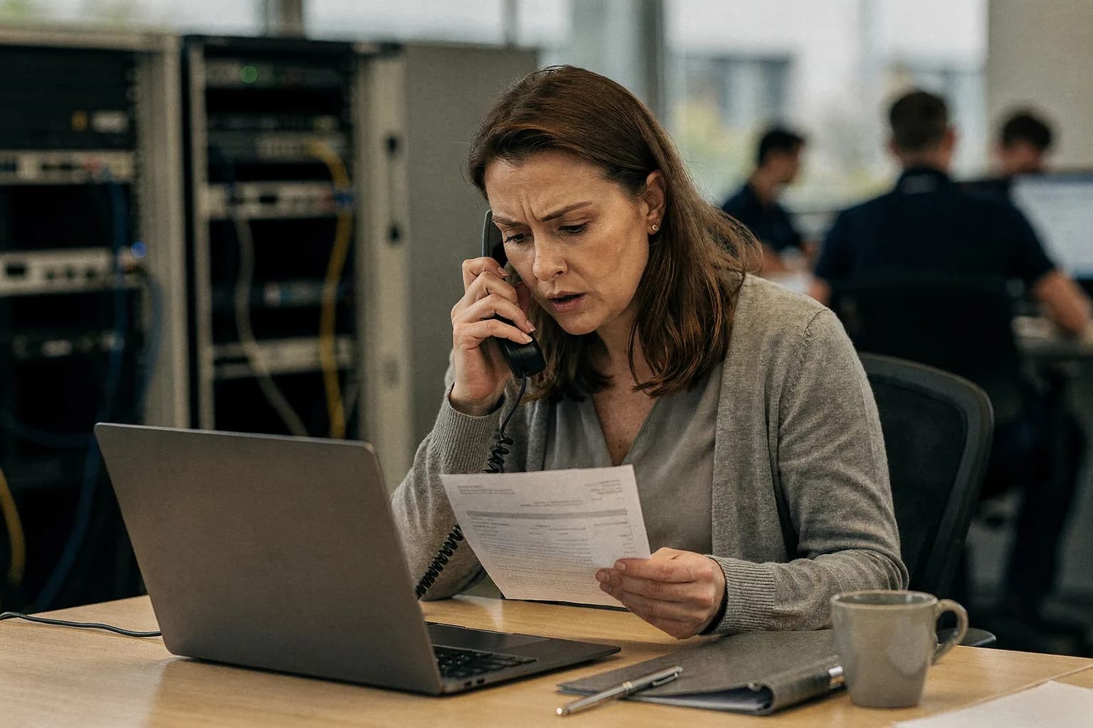 Eine Mitarbeiterin der Buchhaltung telefoniert an ihrem Schreibtisch und blickt auf eine ausgedruckte Rechnung, daneben ein Notebook und eine Mappe, im Hintergrund offene Netzwerkschränke und Kollegen an Bildschirmen