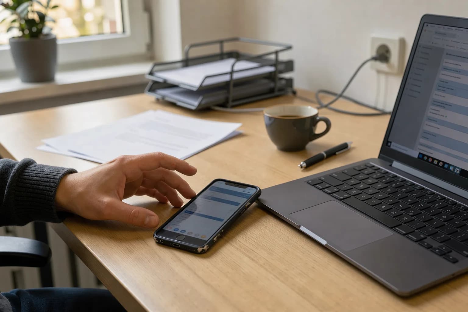 Privates Smartphone liegt am Büroarbeitsplatz neben dem Firmen-Notebook, auf beiden sind Texte geöffnet