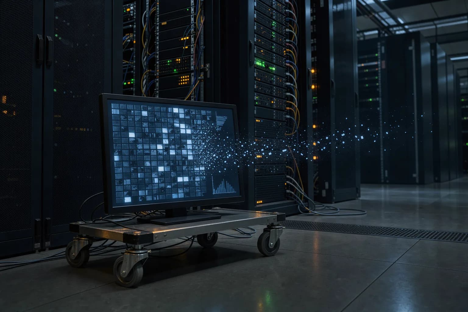 Serverrack im Halbdunkel, davor ein Bildschirm mit abstrakten Speicherstrukturen, aus denen einzelne Fragmente herausgelöst davonziehen