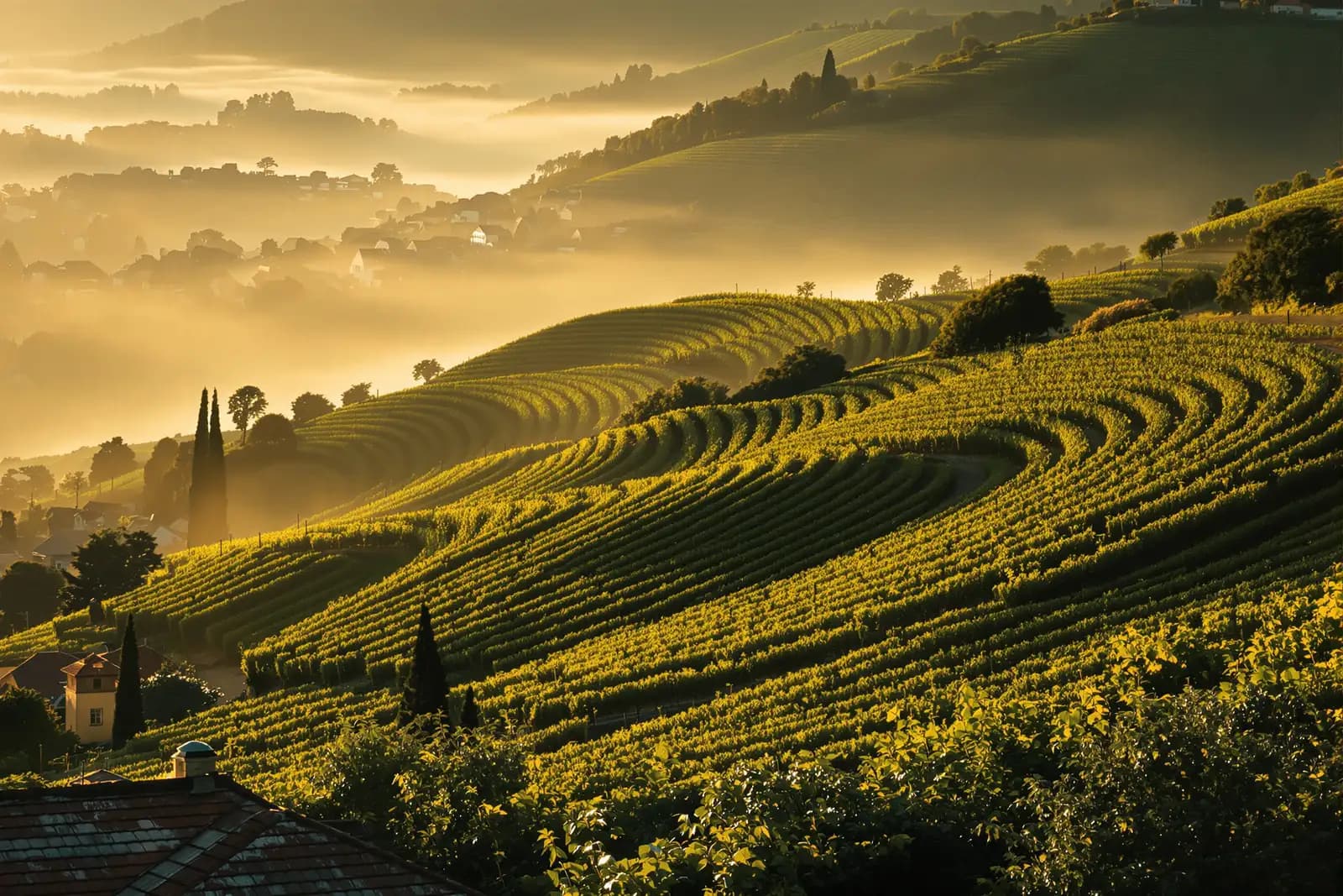 Weinbergterrassen über den Dächern einer Kleinstadt im Morgenlicht, Nebel im Tal