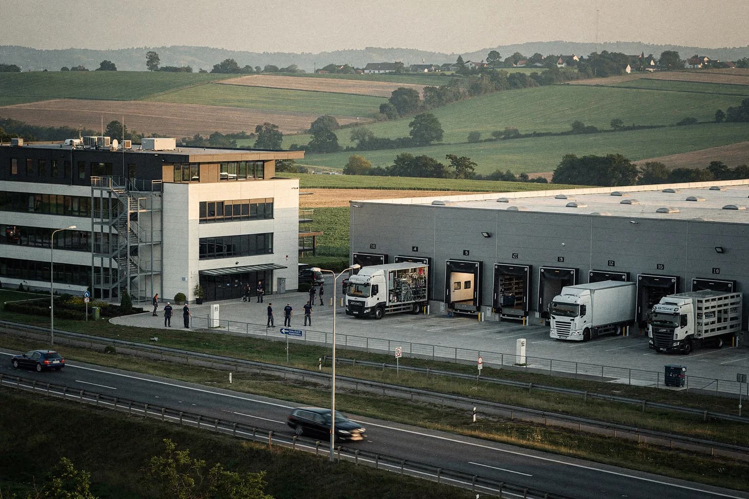 Gewerbegebiet mit Hallen und Bürogebäuden an einer Autobahn im hügeligen Kraichgau