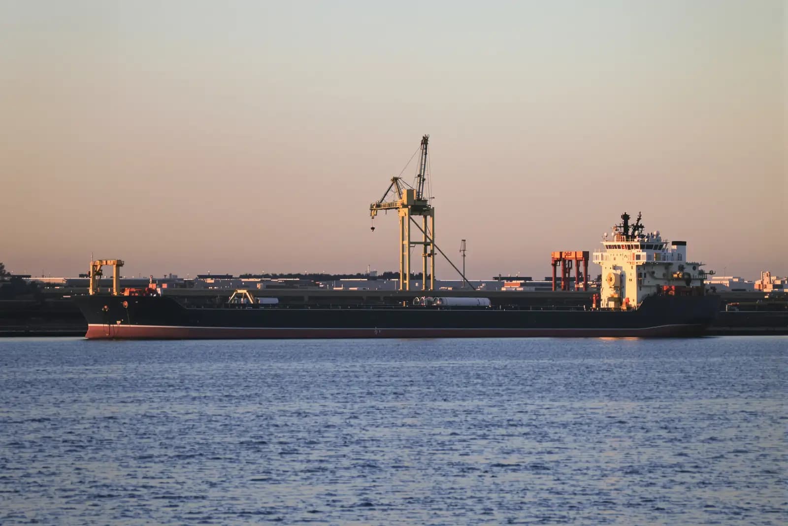 Flaches Flussufer mit vertäutem Frachtschiff und einem Verladekran, weiter Himmel am Morgen