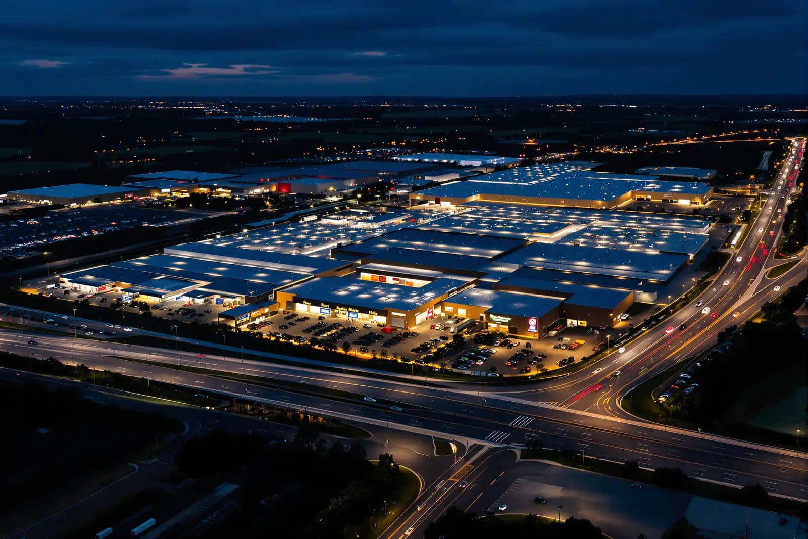 Handels- und Logistikpark an einem Autobahnkreuz in der Dämmerung, flache Dächer und beleuchtete Stellflächen