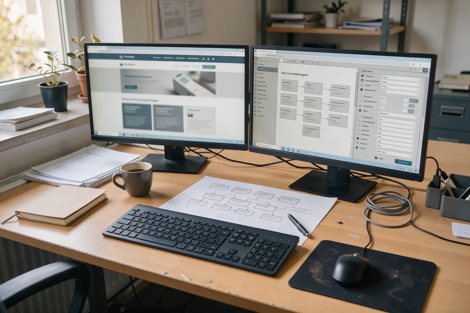 Zwei Monitore nebeneinander: links die bestehende Firmenwebsite, rechts die Redaktionsoberfläche, davor Notizen zur Umstellung