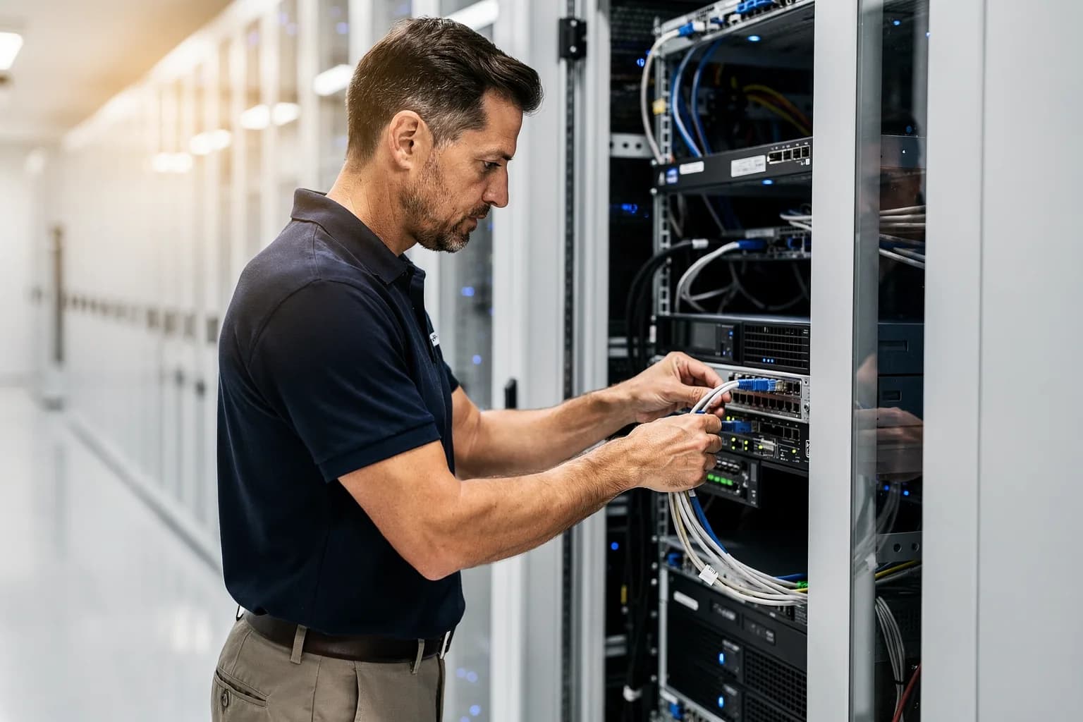 IT-Techniker arbeitet an einem offenen Serverrack im hellen Rechenzentrum