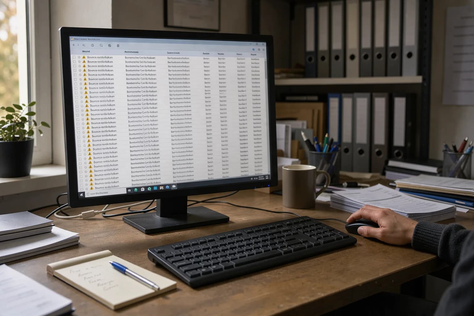 Monitor mit einer langen Liste von Unzustellbarkeitsmeldungen im Postfach, davor eine Hand an der Maus