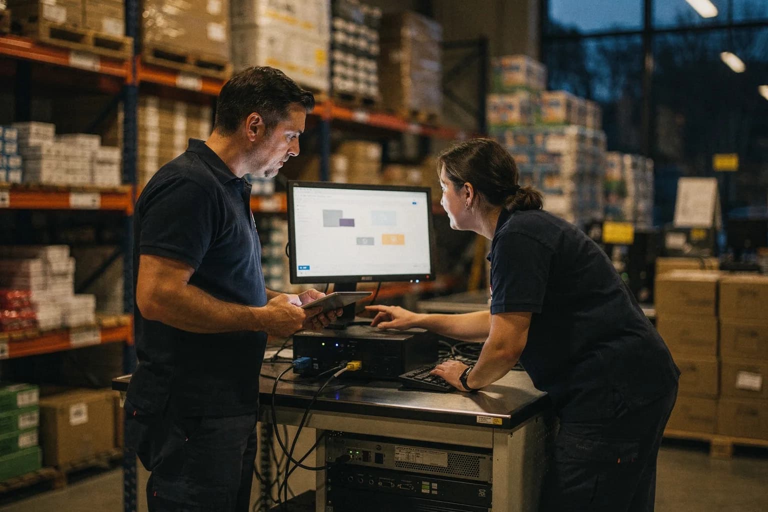 IT-Fachmann prüft nach einem Software-Update gemeinsam mit einer Mitarbeiterin die Einstellungen an der Kasse