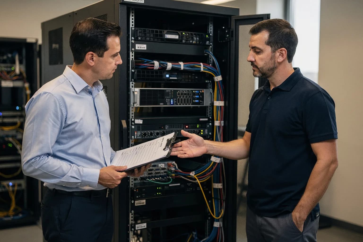 IT-Verantwortlicher und Techniker stehen vor einem geöffneten Serverschrank und besprechen den Umstieg auf ein neues Server-Betriebssystem