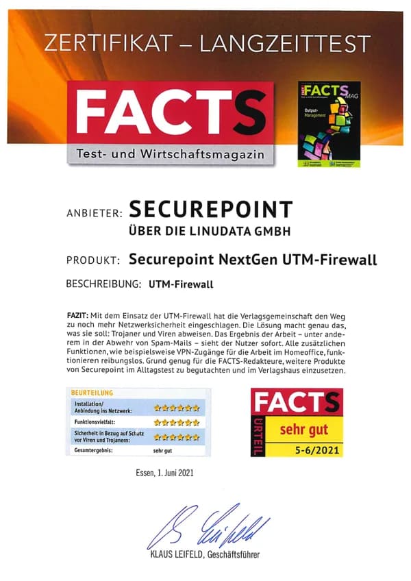 Firewall-Langzeittest: Qualitätsurteil „sehr gut“ 2021, vergeben von FACTS Test- und Wirtschaftsmagazin
